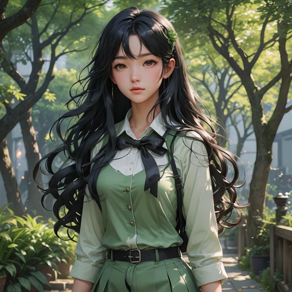 18 years old, girl with wavy black hair, green,