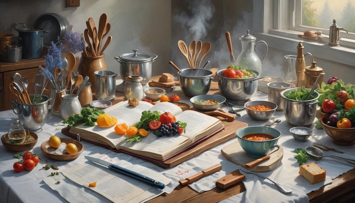 A modern still life featuring kitchen utensils, a cookbook, ...