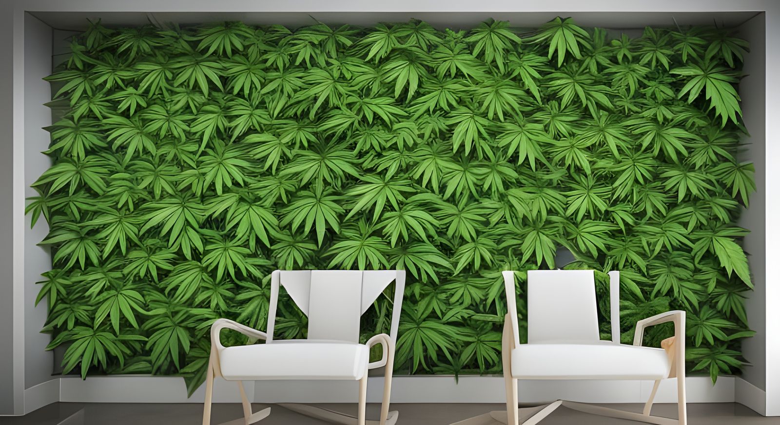 Doctor’s office overgrown with cannabis leaves.