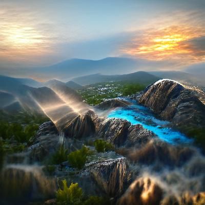 Sunrise over the mountains, blue waterfall, 8k photorealisti...