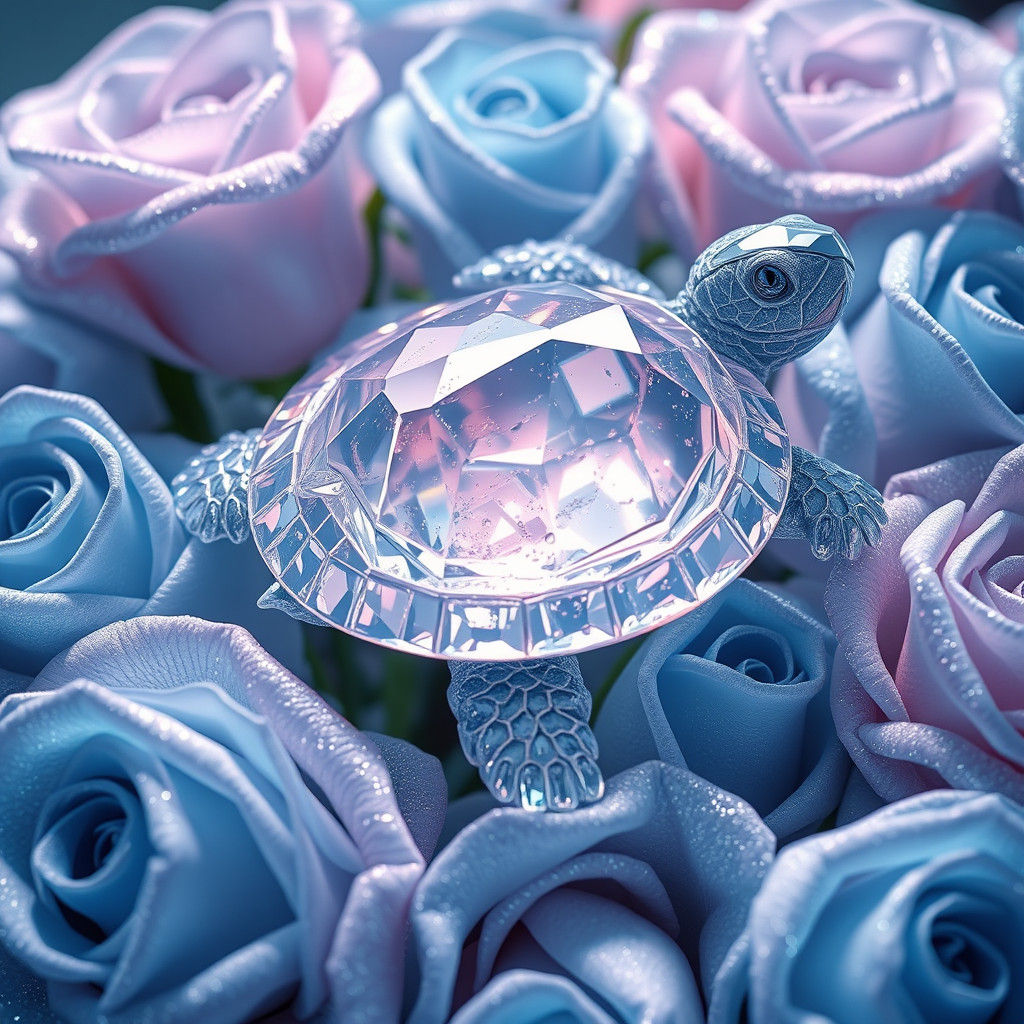 ""A Crystal turtle Near Blue Glittering Roses""