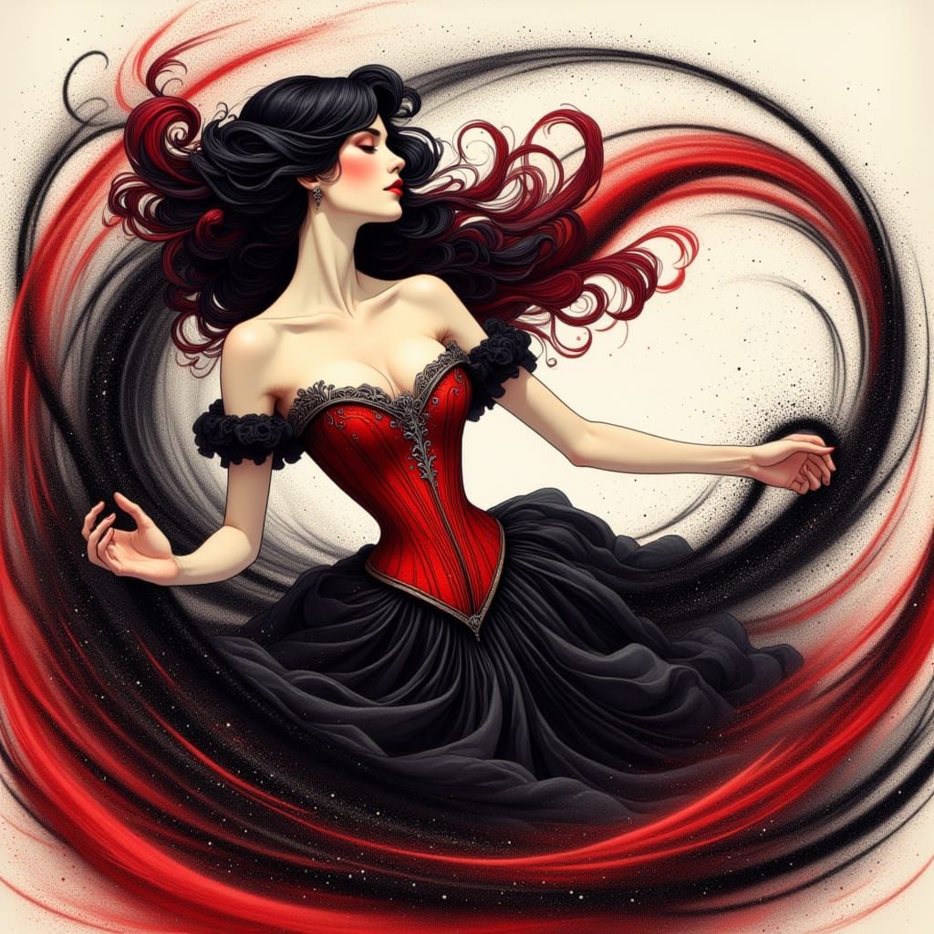 a lady in a red and black gown and corset with silver embroidery, dancing in a whirlwind of black sand, gouache, watercolor, renaissance, po...