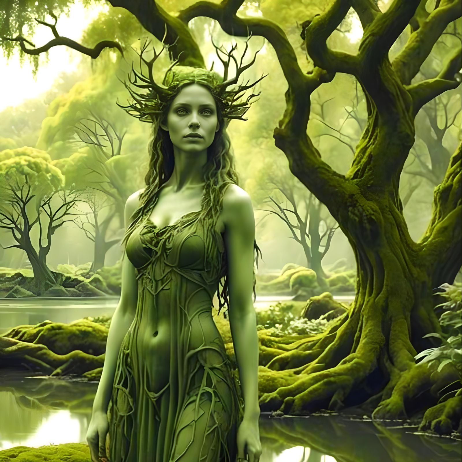 In the verdant forest, where emerald waters gleam,  Dwells a dryad fair, in nature’s green dream.  by @Andrachiel