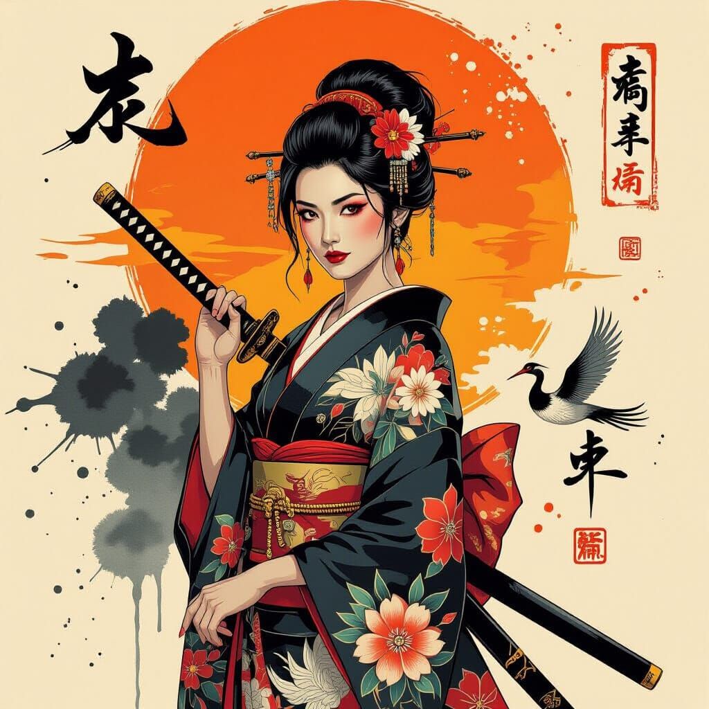 A painting of a Japanese warrior woman  by @graffouillator