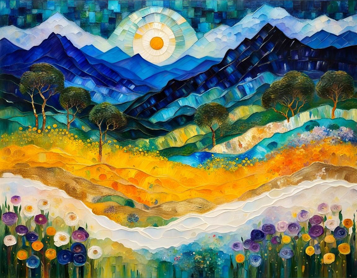 Mountain Landscape in Encaustic Art Style