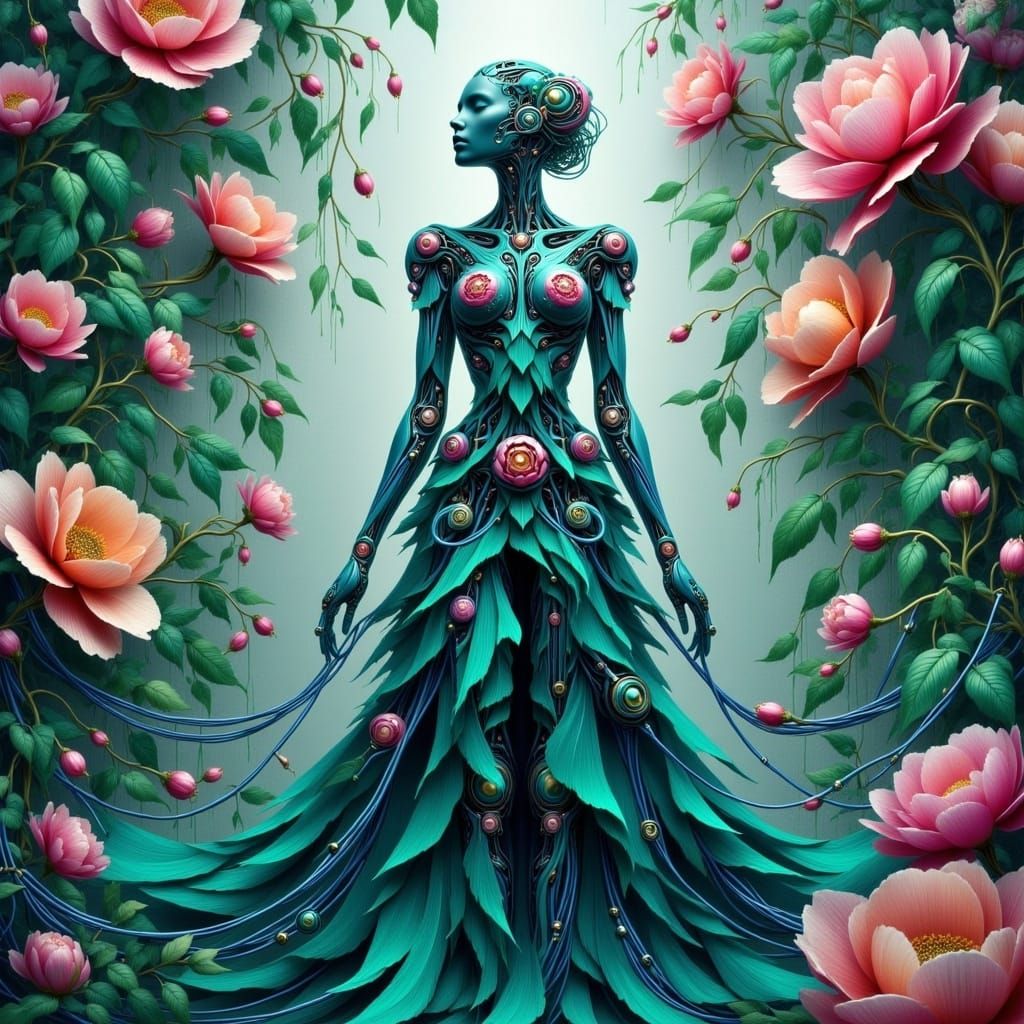 beautiful  <lora:BiomechFloraFusion:1.0> android lady, wines&wires&flowers, teal&purple, perfect body, perfect anatomy