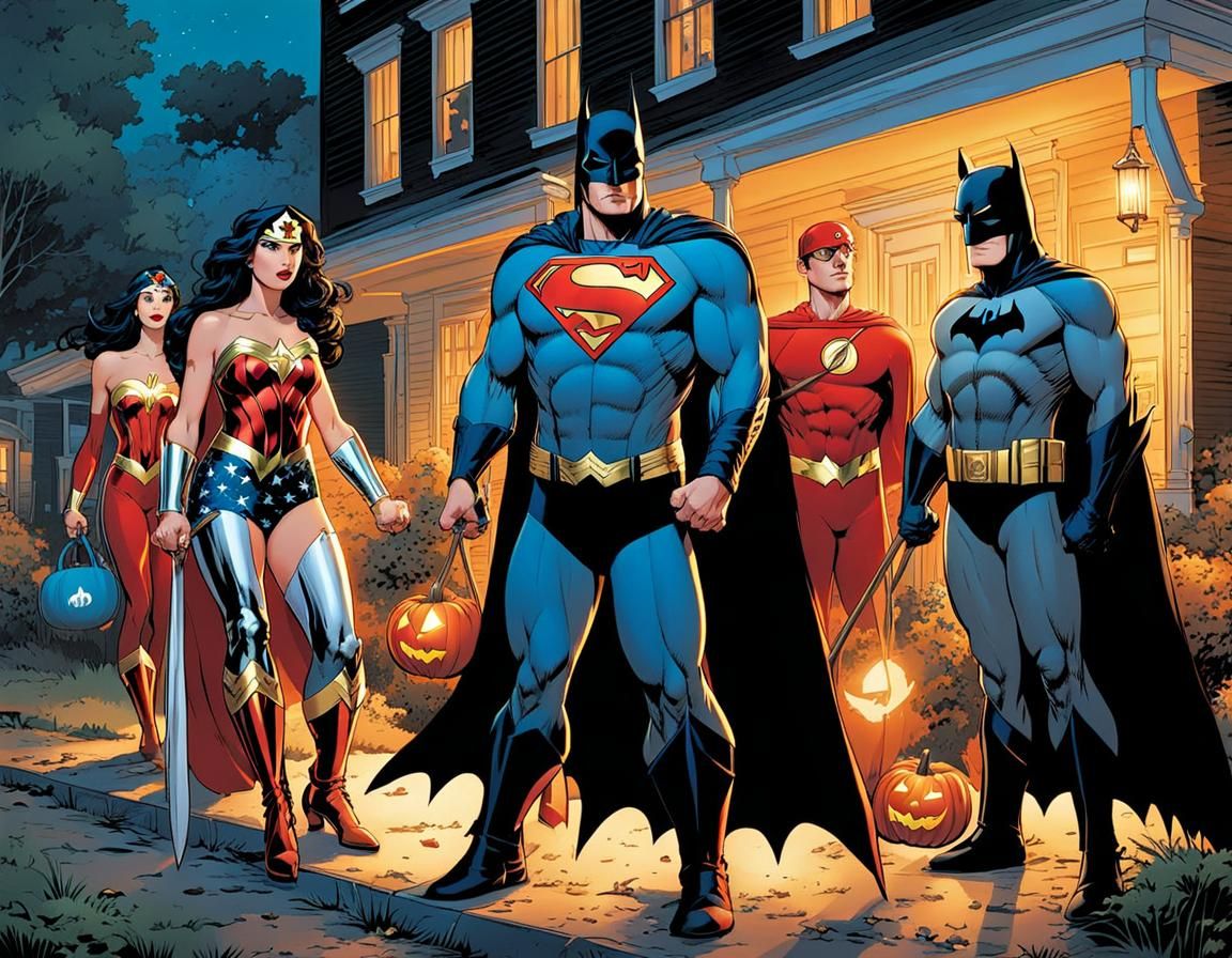 "Trick-or-treating" WONDER WOMAN's, BATSUPER,  FLASH and BATMAN   by @JustBubu