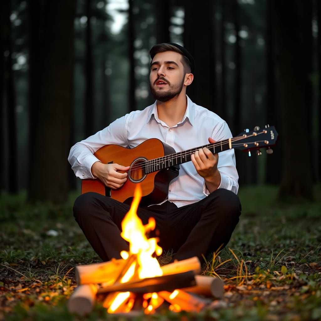 Jewish Man Singing in Forest with Guitar