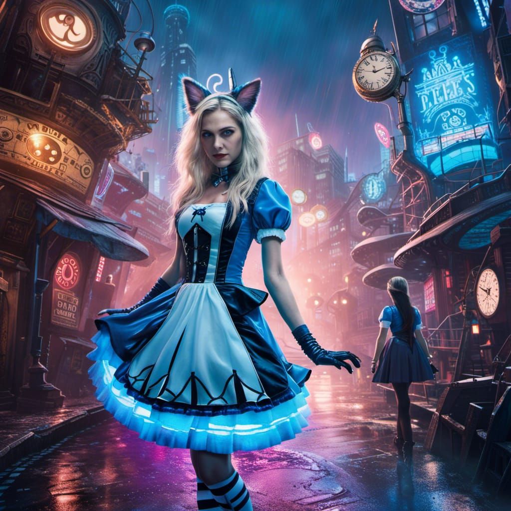 Beautiful Cyberpunk Alice in Wonderland and detailed grinning Cheshire ...