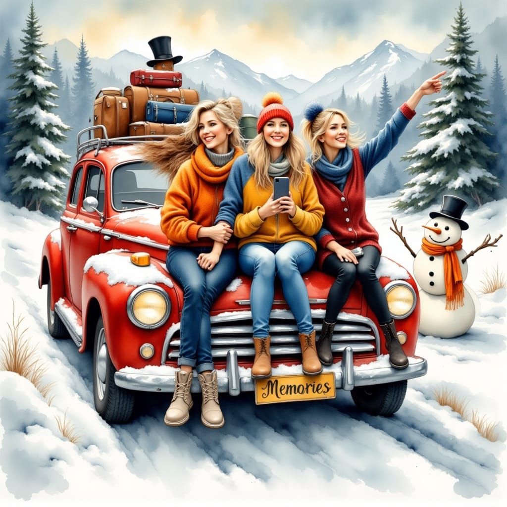 Joyful Winter Road Trip with Four Women in Vintage Car
