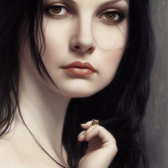 Portrait of a beautiful, pale skin, Ashley Judd with long black hair ...