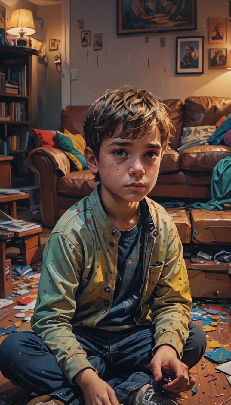 1 little boy, solo, realistic, indoor, house, night, looking...