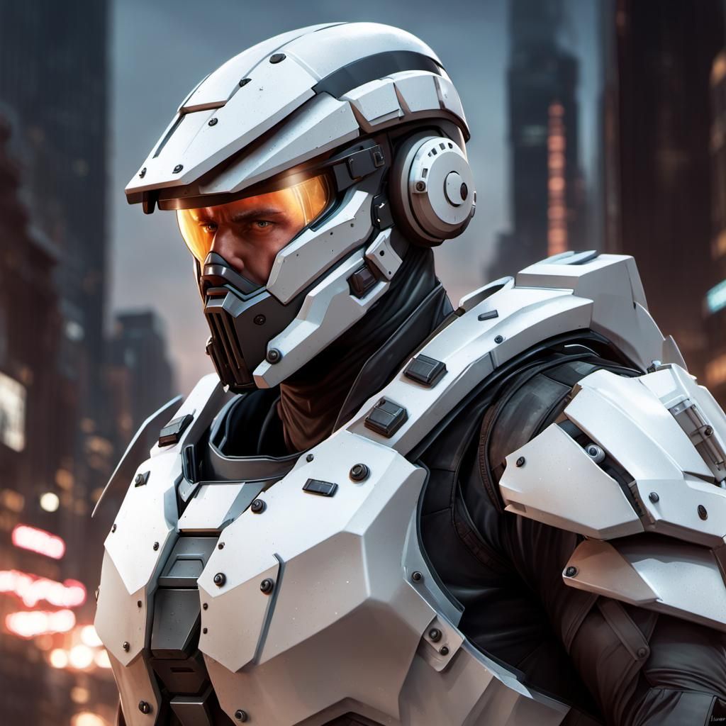 Male soldier heavy armored riot control in dystopian city wh...