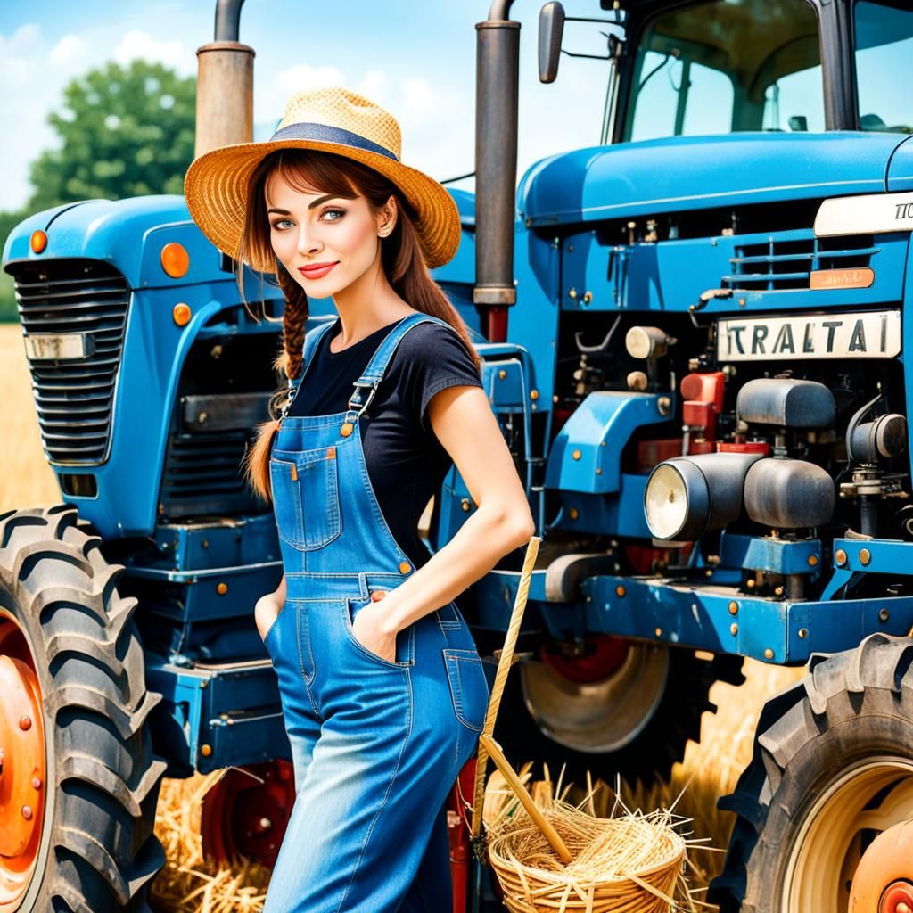Beautiful girl in denim overalls.  Leaning on tractor, weari...