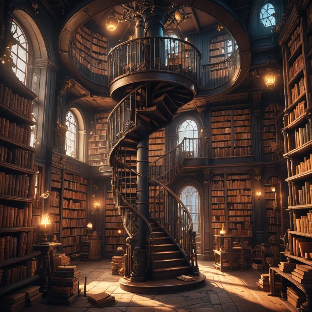 An ancient library with spiral stairs ans shelves containing a different books.   by @undefined
