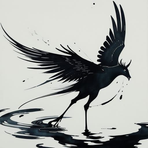 Waxing Crescent Moon Reflection: Ink Wash Illustration