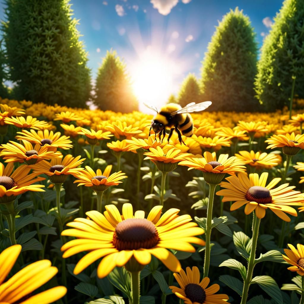 A bumble bees perspective as he flies in the air headed towa...