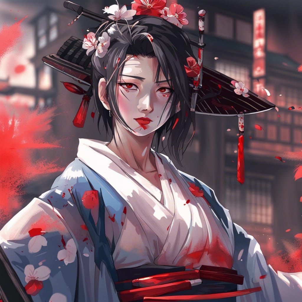 Beautiful geisha with bloody katana