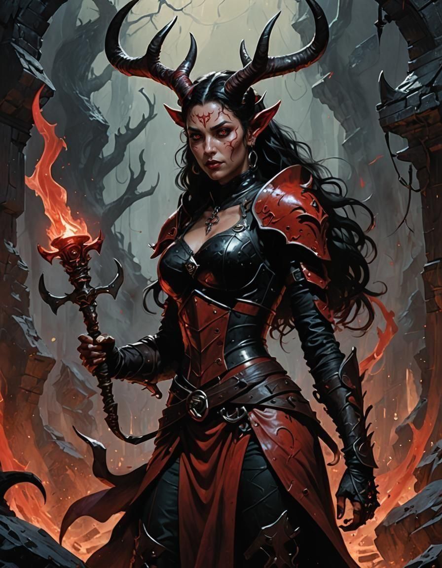 young attractive female Tiefling, with a beautiful soft face and wide twisted antlers, red skin, black wavy hair, fit hour glass figure, bla...