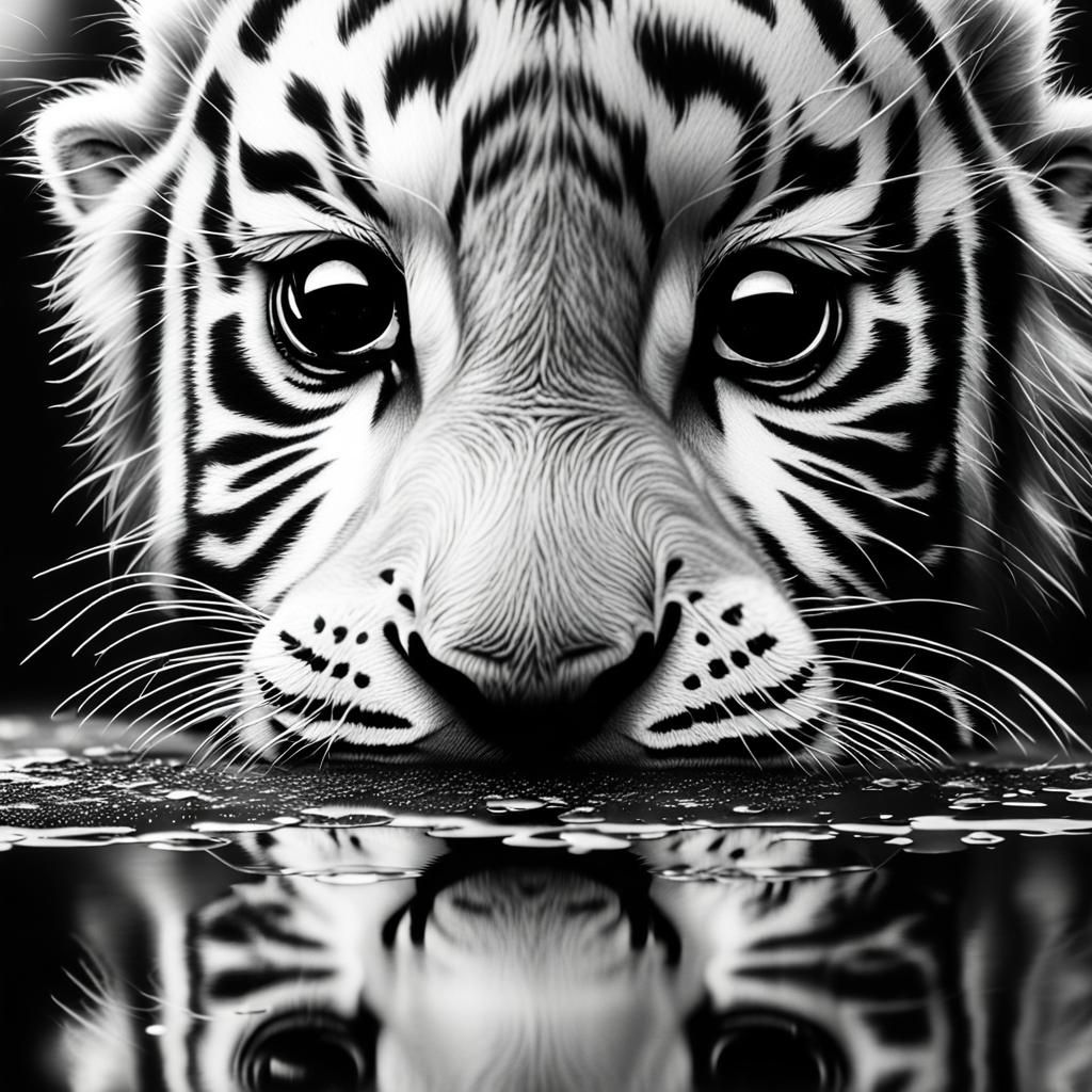 Greyscale sketch of a smiling baby white tiger