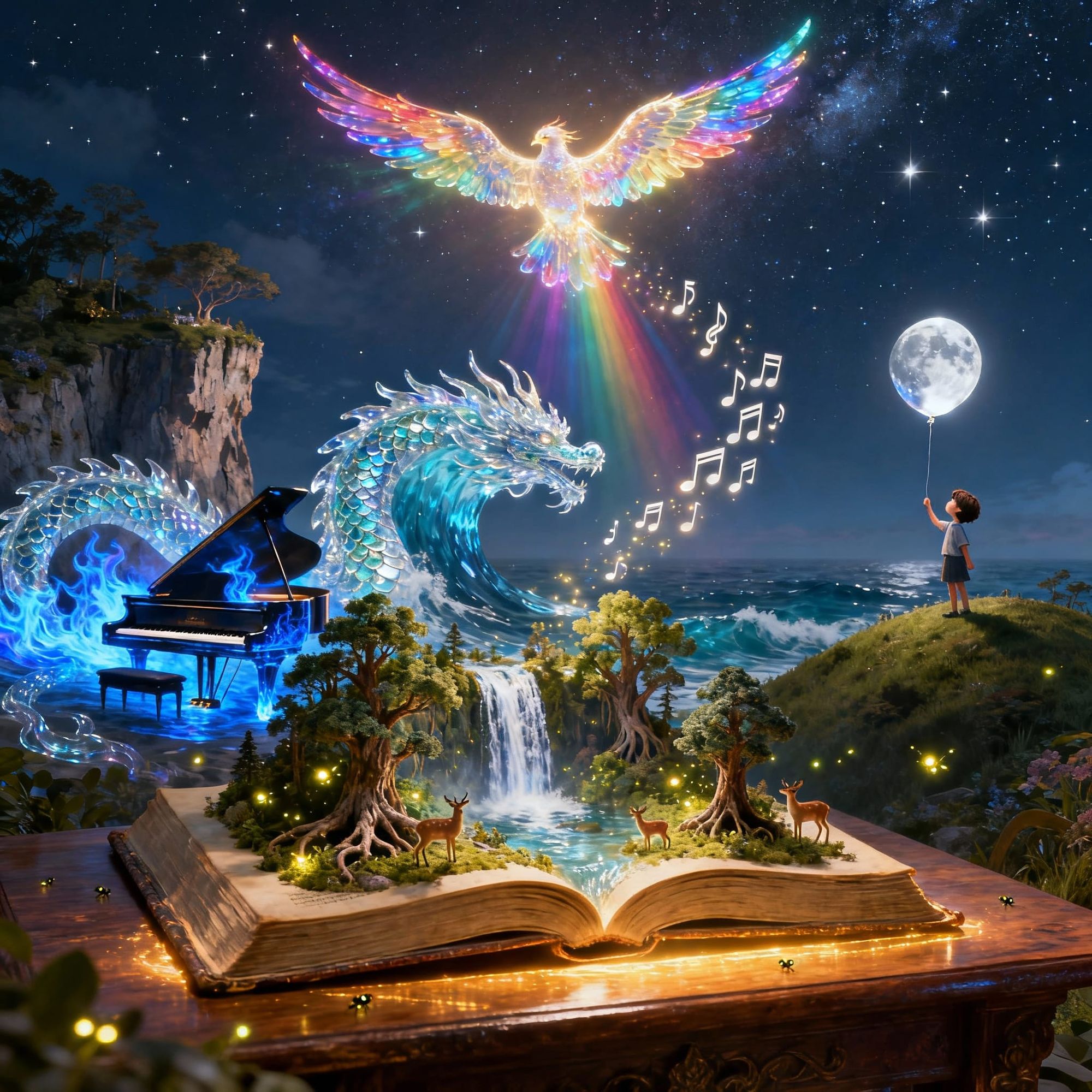 
A breathtaking surreal landscape titled “The Five Wonders of Imagination.”
In the foreground, an open ancient book rests on a glowing woode...