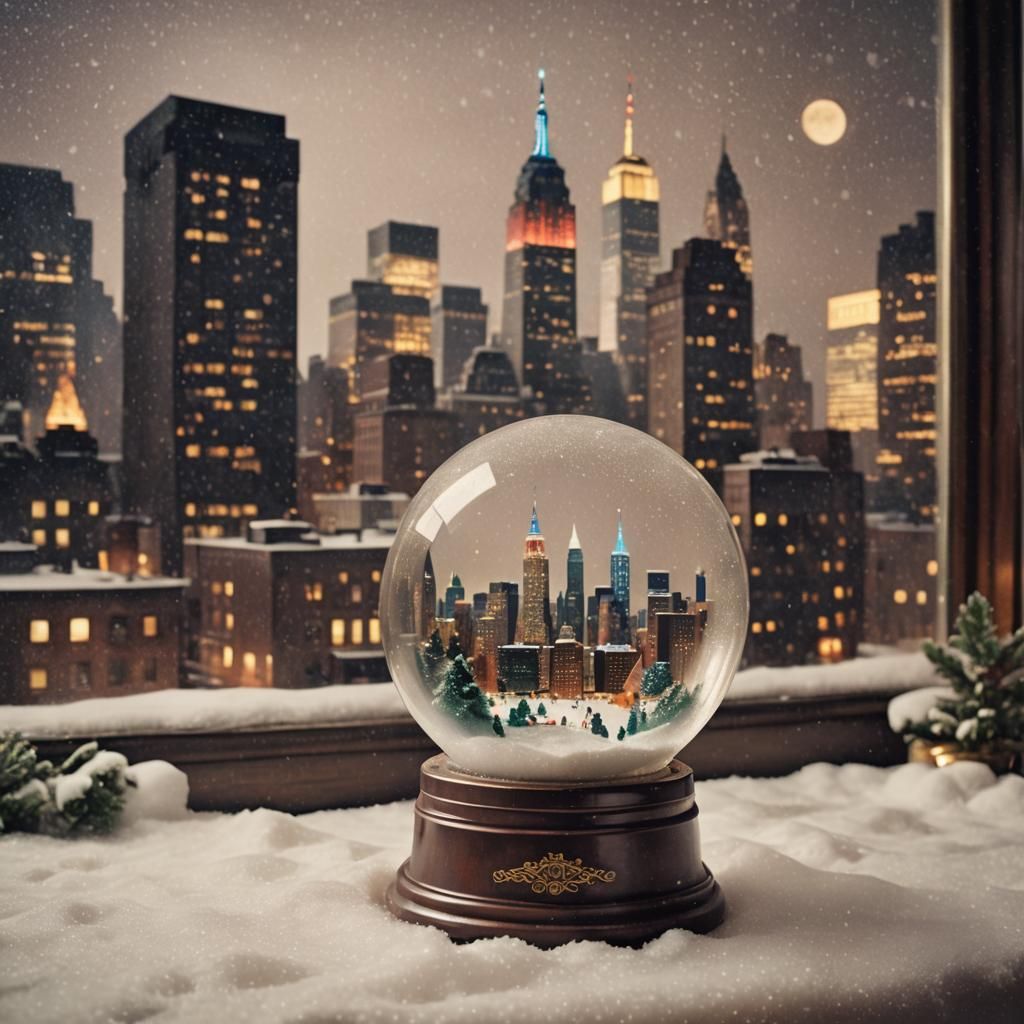 Vintage snow globe revealing New York skyline in the 1950s, ...