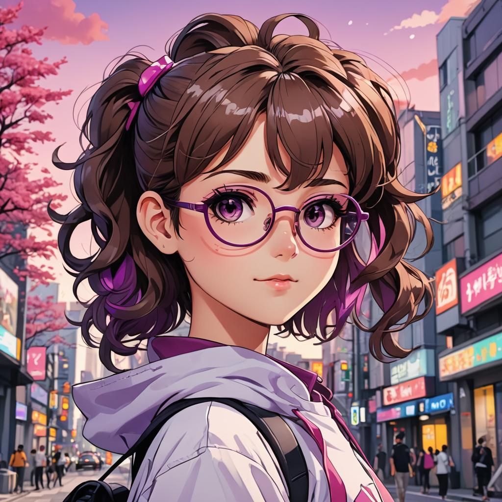 A white short fat girl wearing purple glasses with short brown curly hair made as a ponytail with round face black eyes and pink mouth