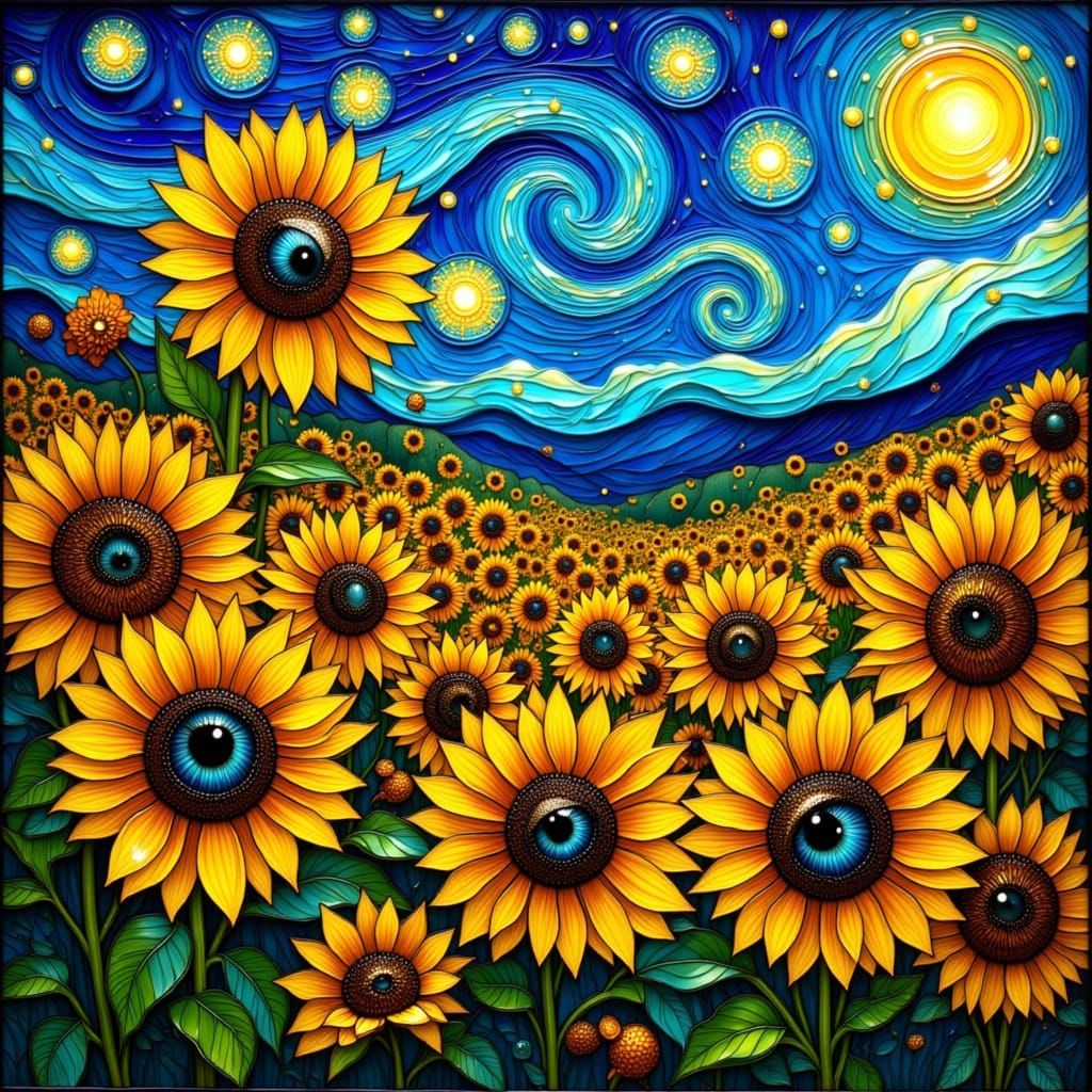 Sunflowers with Human Eyes Under Starry Sky
