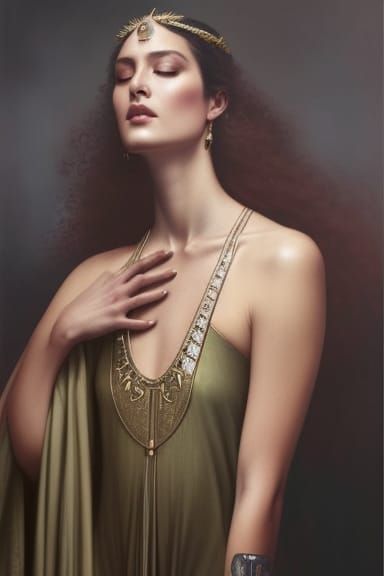 “Gorgeous wisdom goddess,” intricate skintight caftan, Detai...