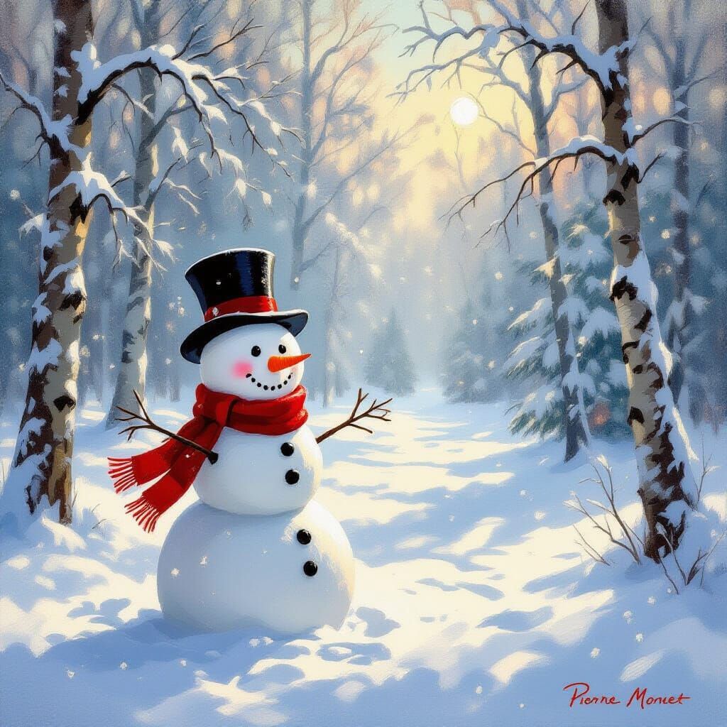 Charming Snowman in Snowy Forest Oil Painting
