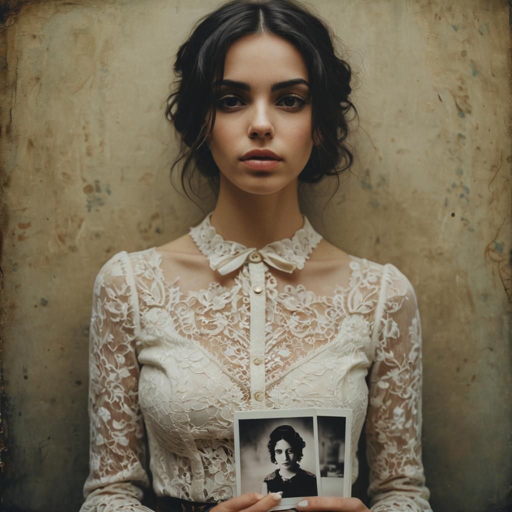 photo realistic polaroid portrait of woman dressed in lace b...