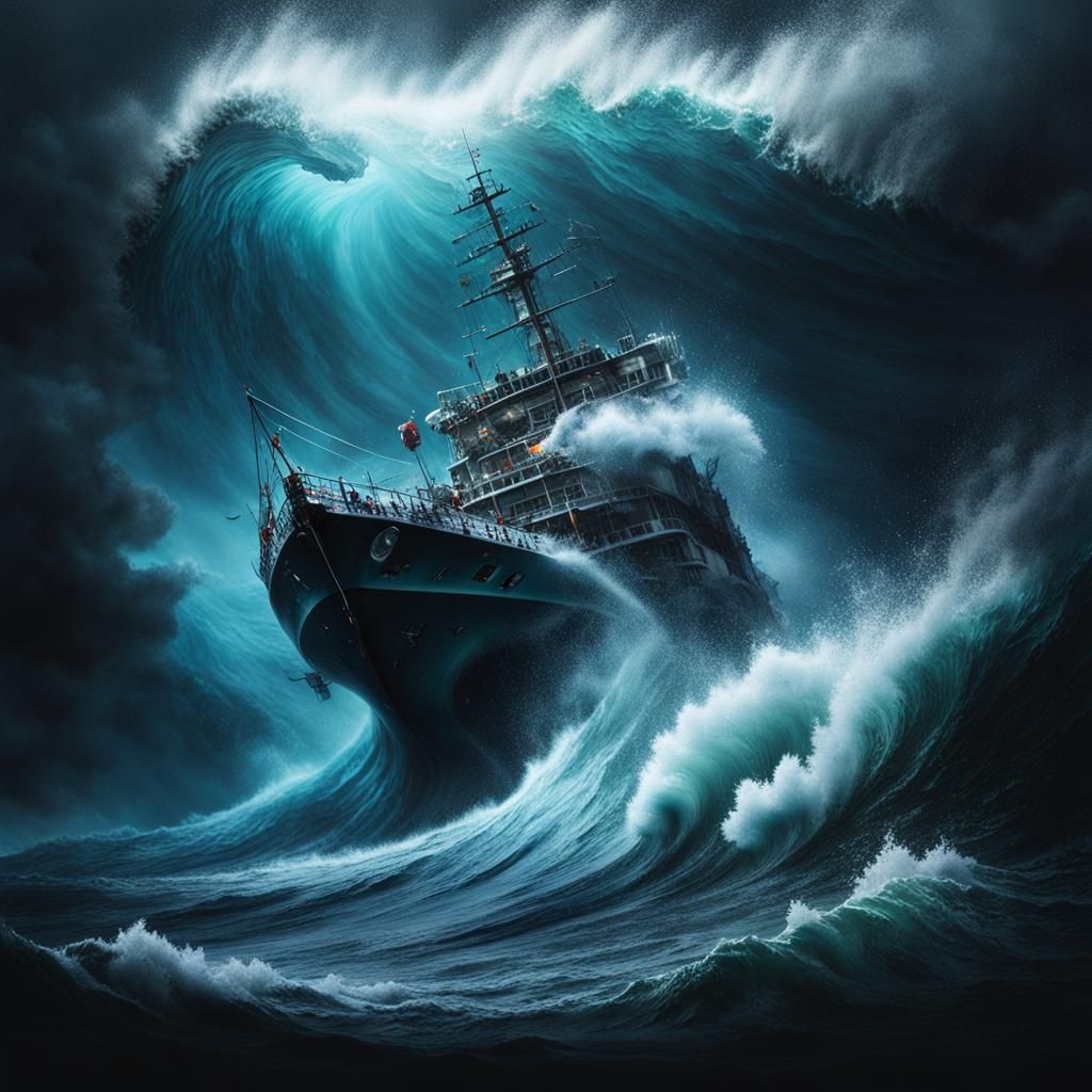 the epic shot of a terrifying and expansive ocean maelstrom and tsunami , terrifying, cinematic, deep depth of field, 3D...