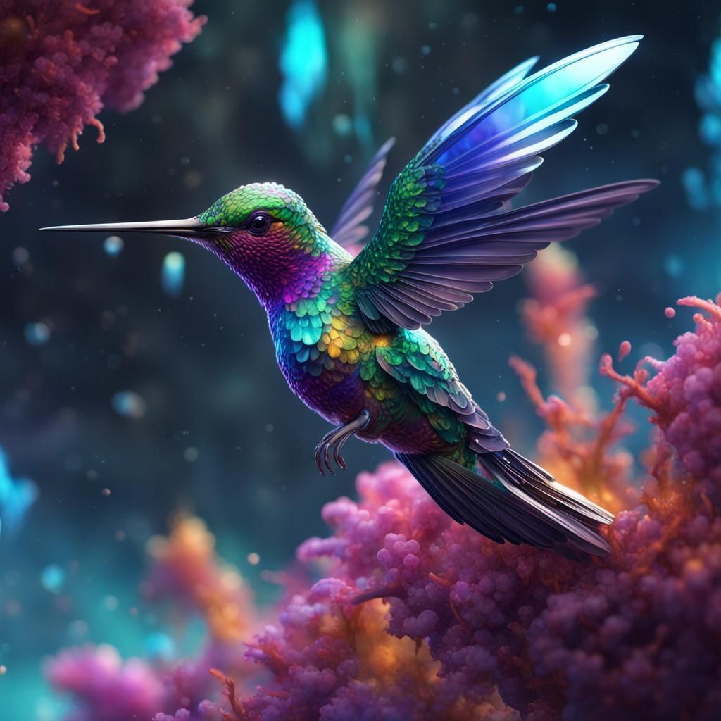glassy galaxy couloured crystalline hummingbird