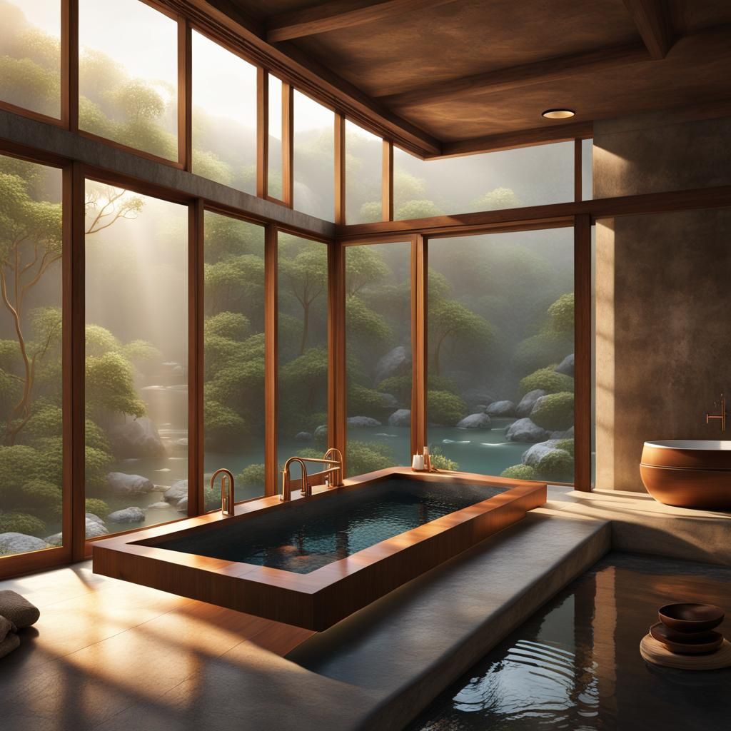 Interior design, bathroom, big wooden frame windows, porcela...