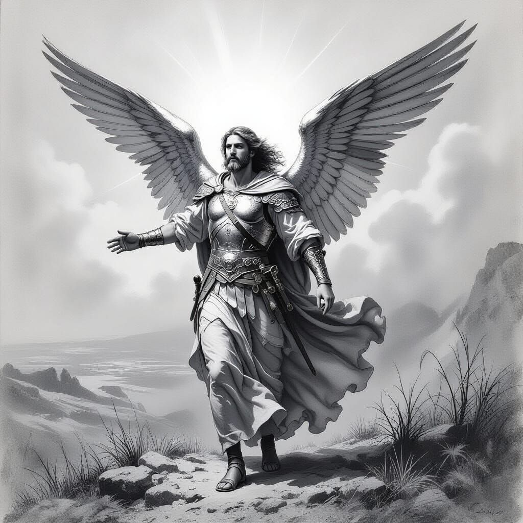 Angel Appears to Warrior in Detailed Charcoal Drawing