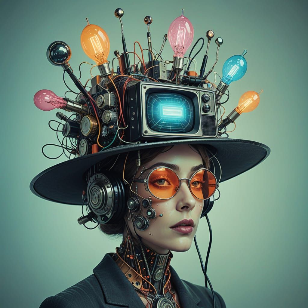 Tim Burton, science fiction hat made from a vintage television, with intricate electronic components and glowing tubes filled with colored l...