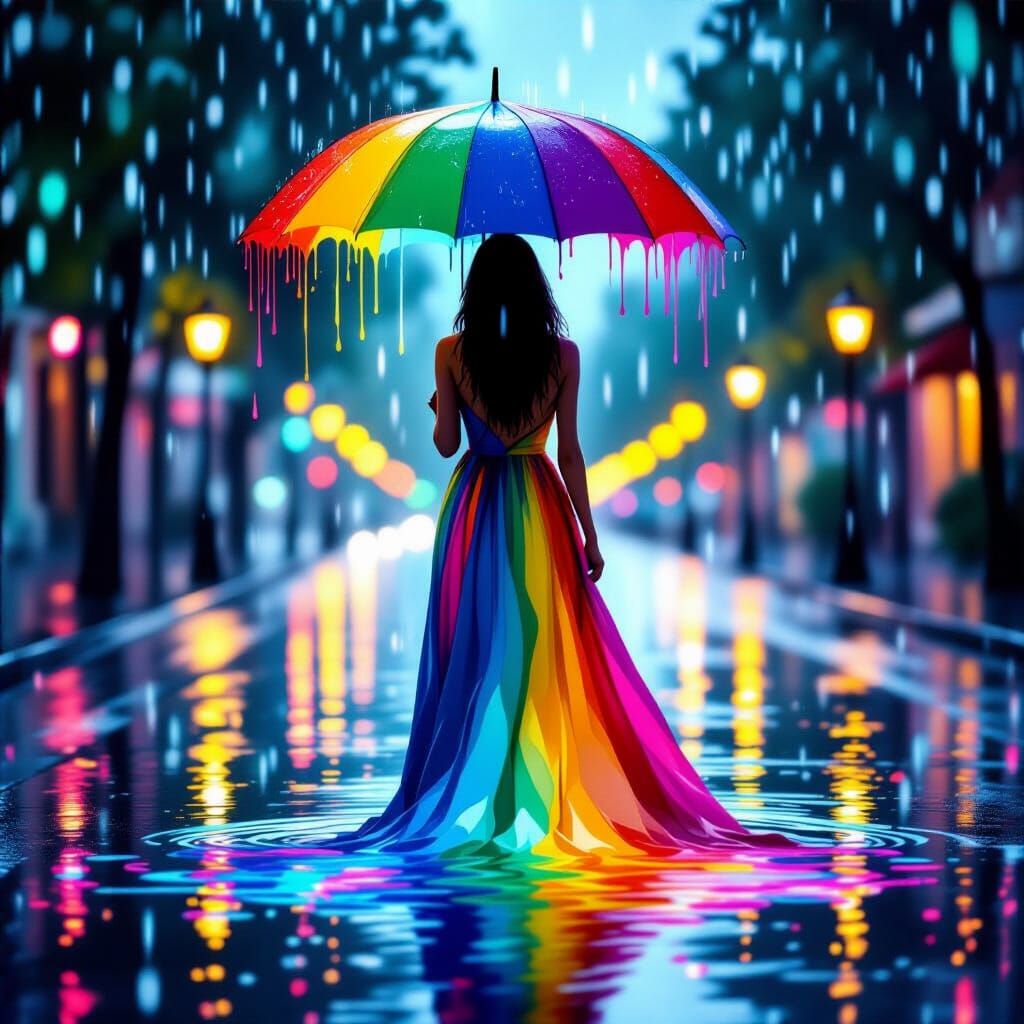 Dreamy Woman Walks in Rainbow Rain