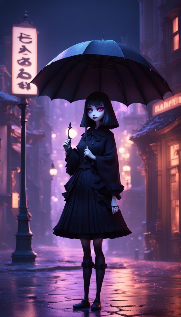 GothLoli girl holding an umbrella at night
