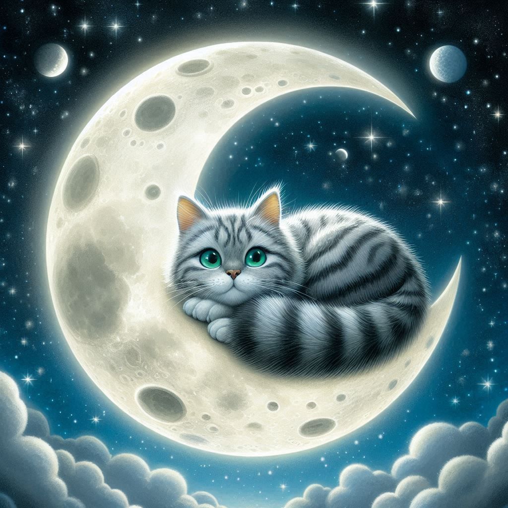 Nestled comfortably in a corner of the moon, a curious tabby...