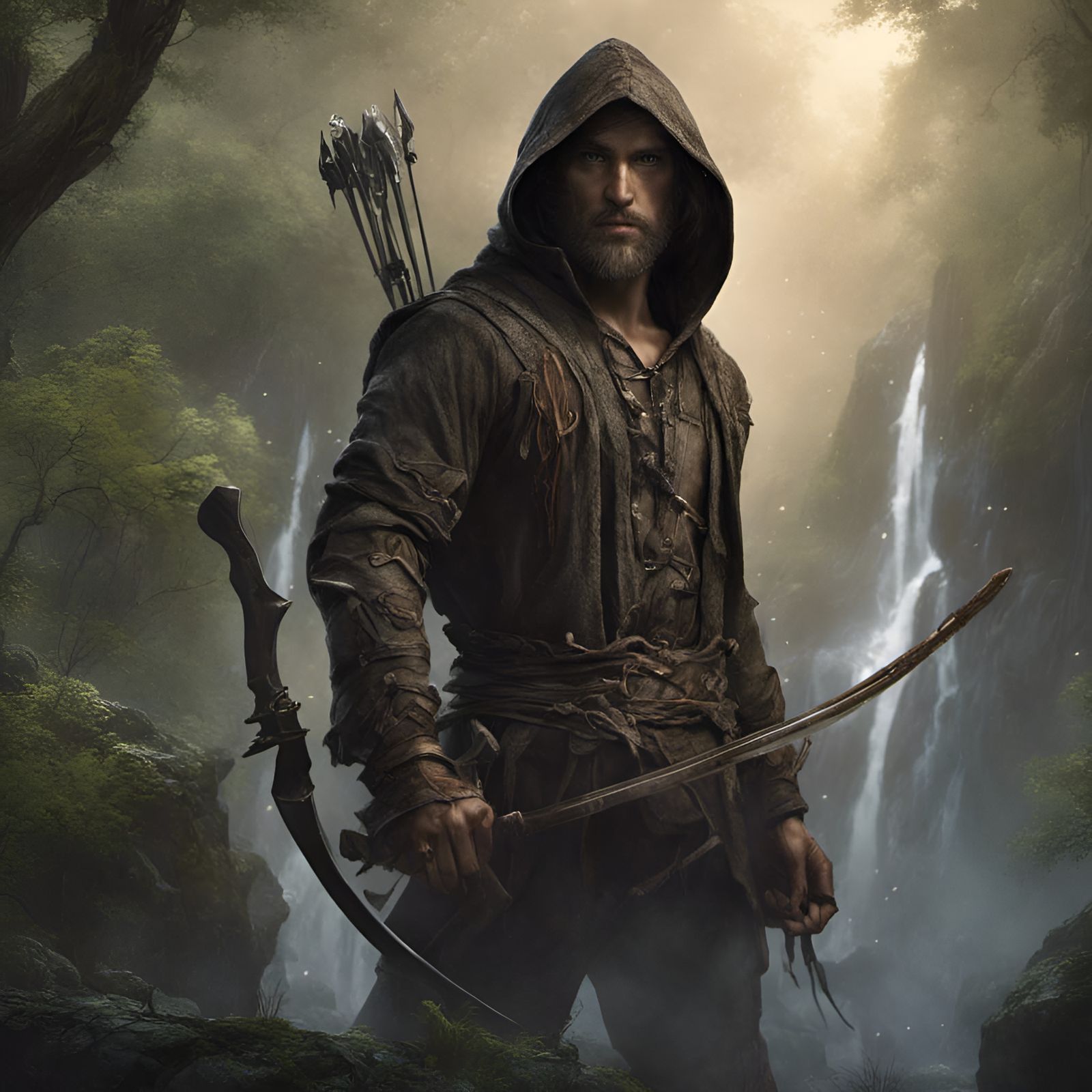 archer, hooded, muscular, forest, water fall, mist, tattered...