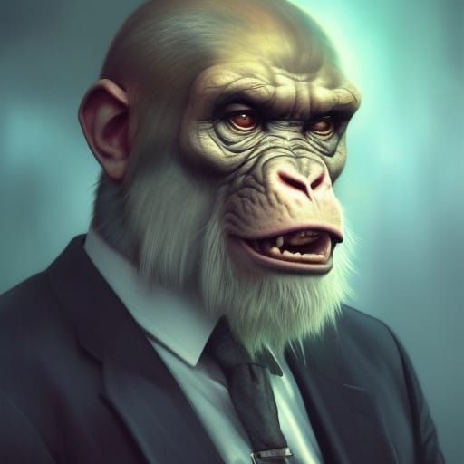 Ape in suit ,5D lighting,surreal fantasy art,detailed face,5...