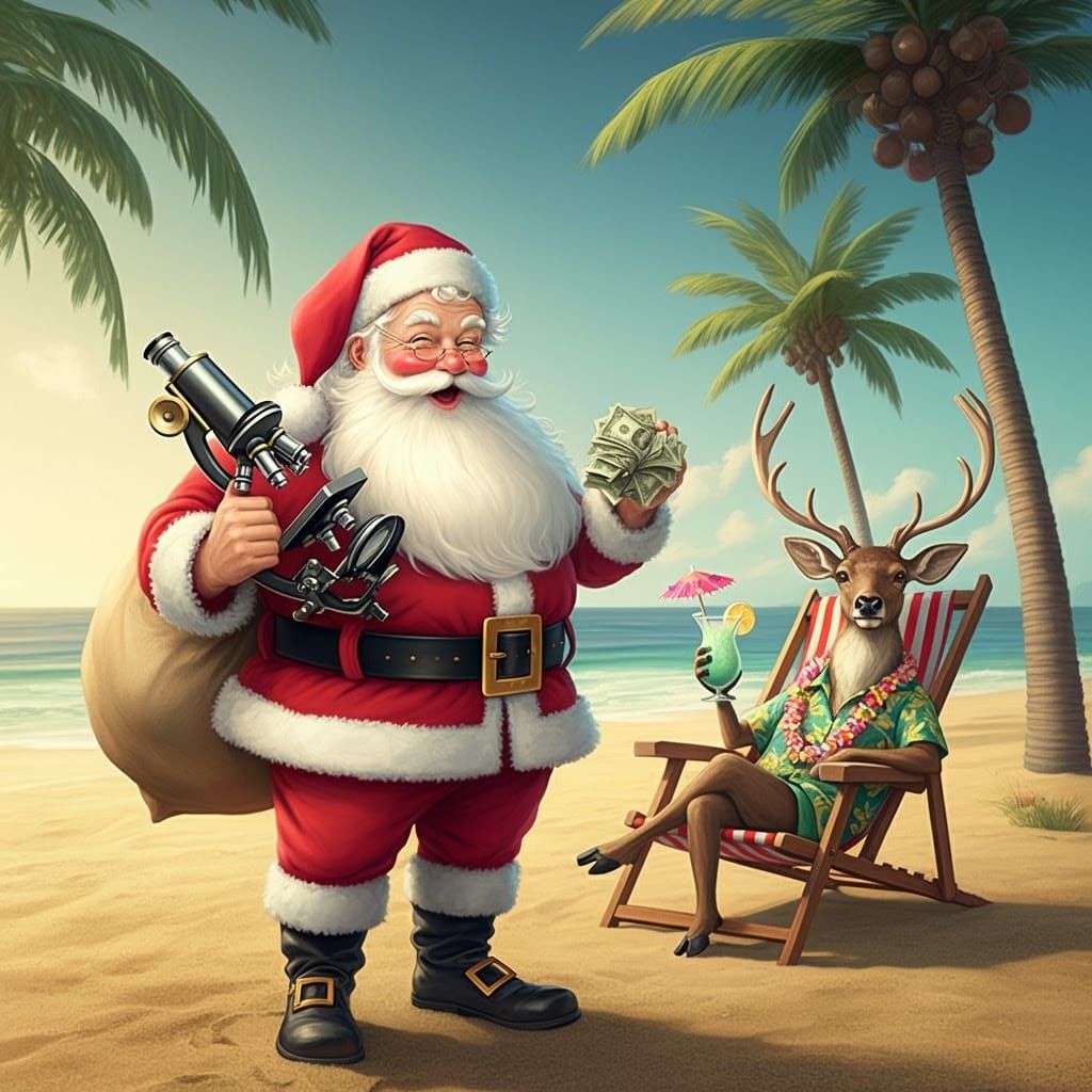 A happy Santa Claus, and he is holding a microscope in one hand. He has a fist full of cash in the other hand, and he is standing on a beach...