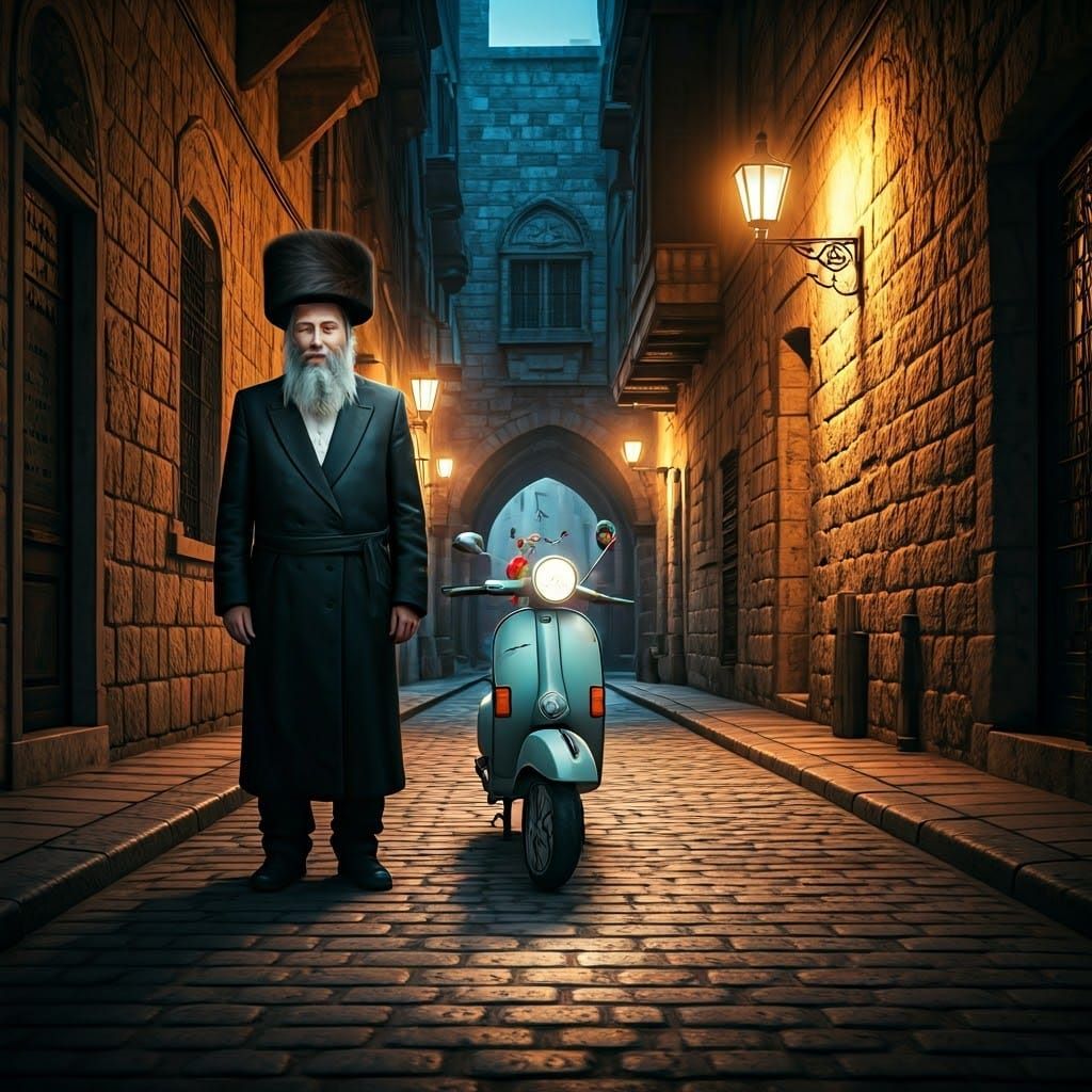 Traditional Hasidic Man Surprised by Futuristic Scooter in O...