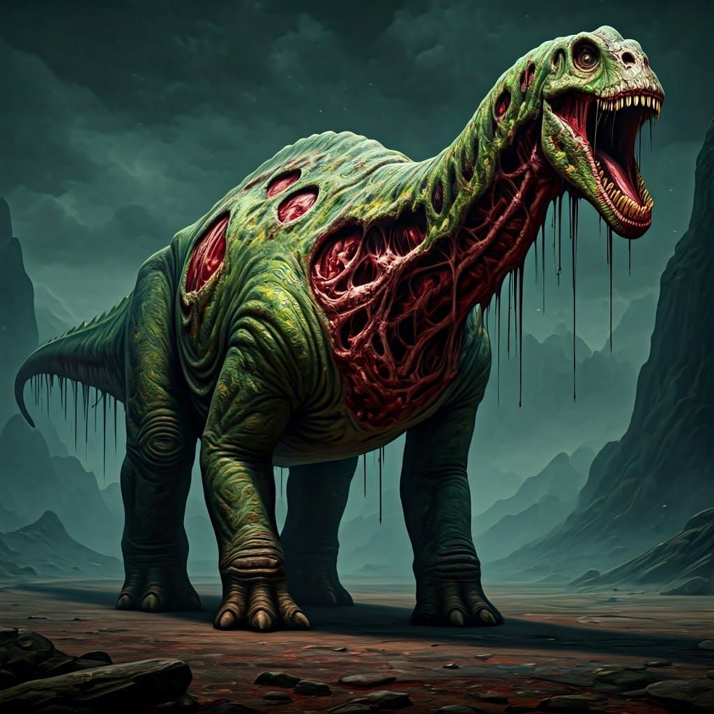 Make an image a zombified titanosaur sauropod, with its fles...