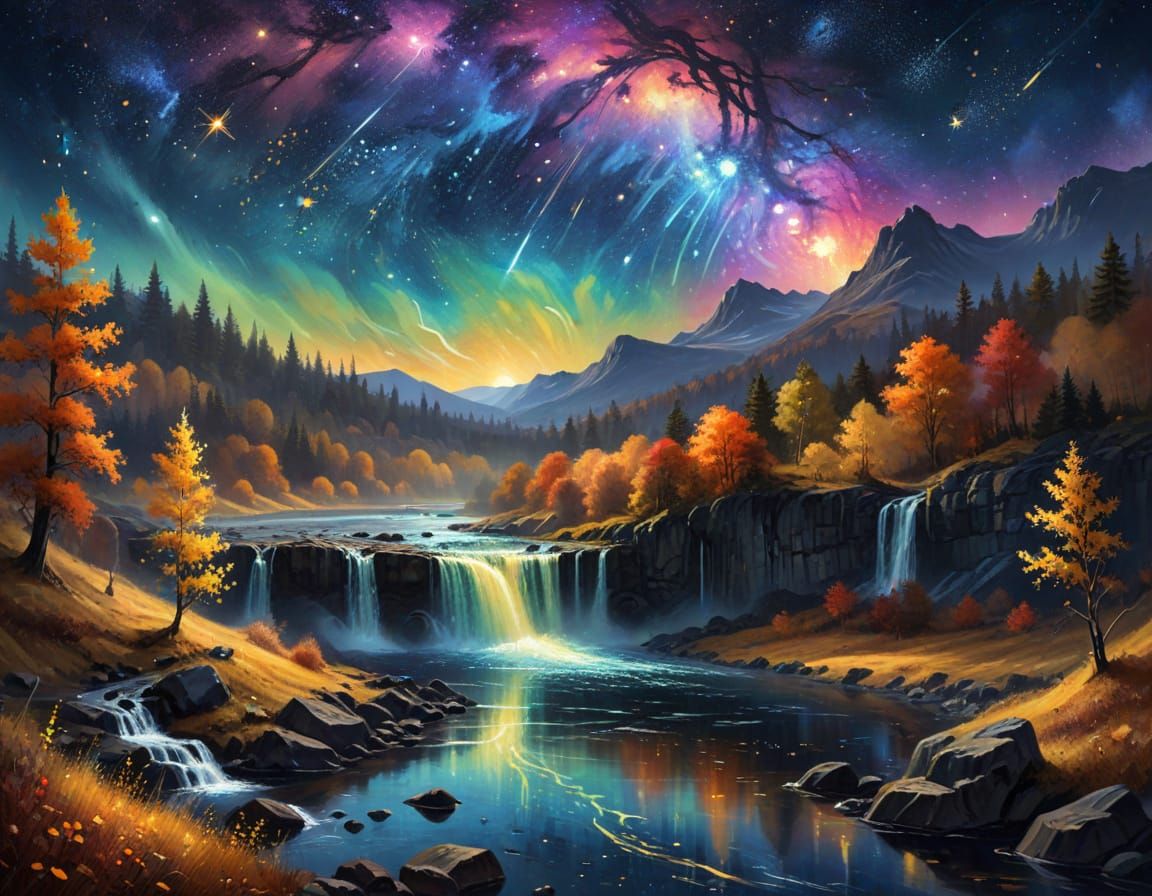Autumn waterfall under starry sky.  by @proofman