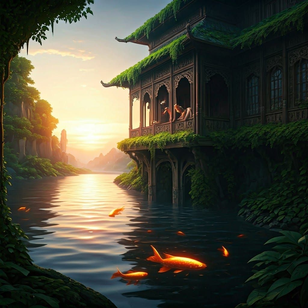 Luxurious Wooden House on River's Edge at Sunset