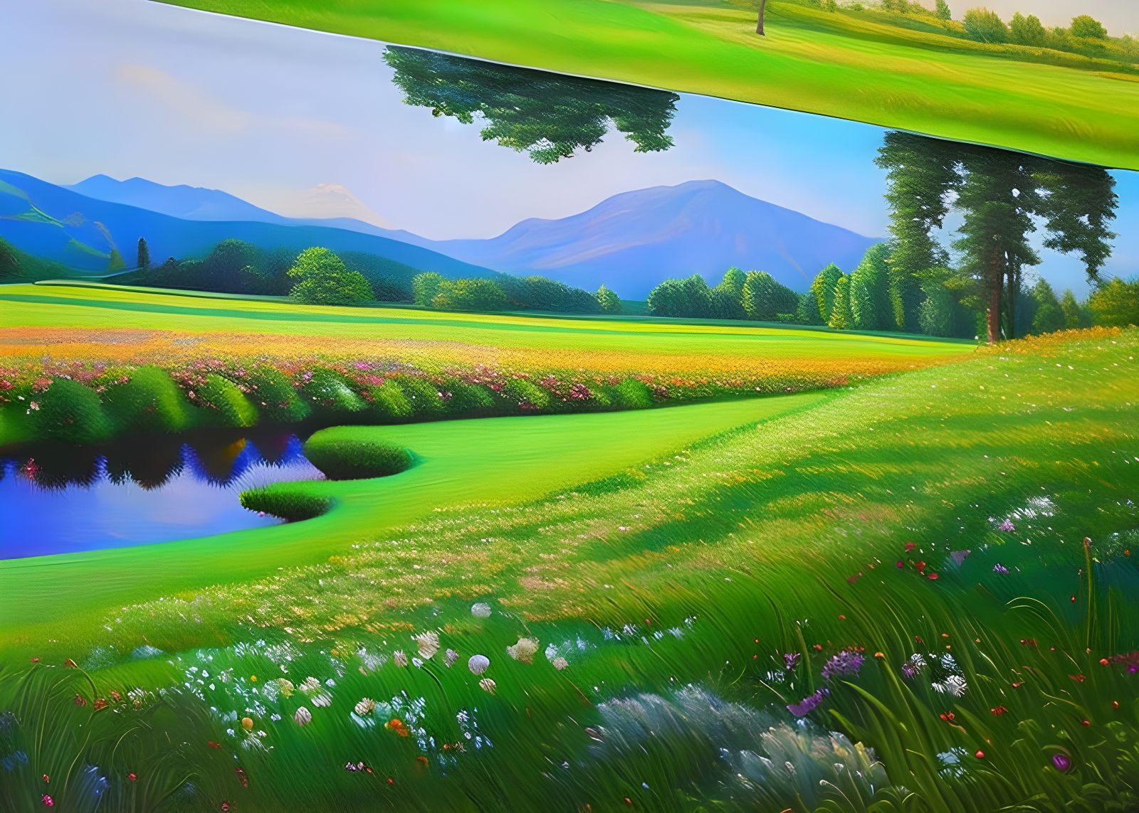 Valley with lots of green grass plants and a pond, hyperrealism oil on ...