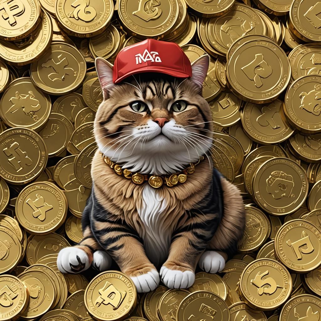 A chonky cat with a MAGA hat, lounging on a pile of digital ...
