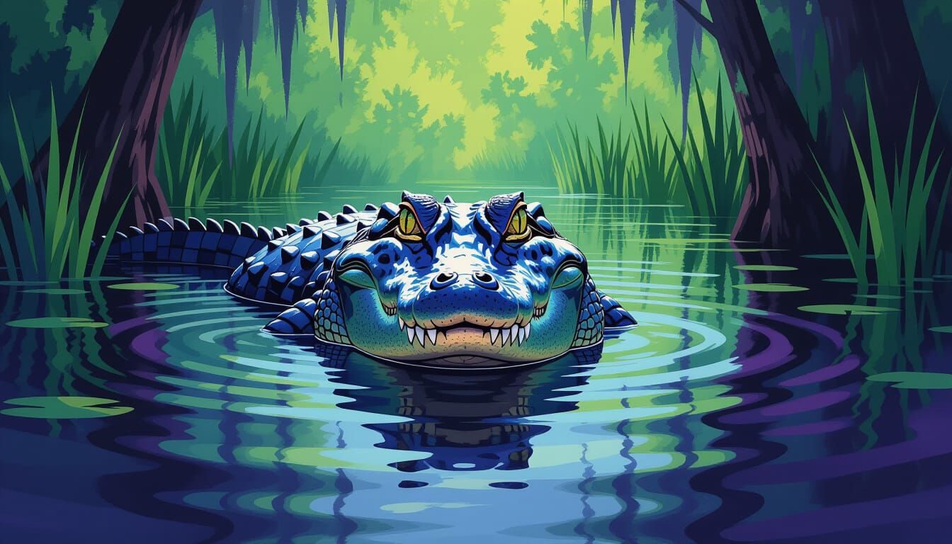 Emerging from the depths of a peaceful marsh, only the symmetrical eyes, face, and a bit of the back of an alligator can be seen, capturing ...