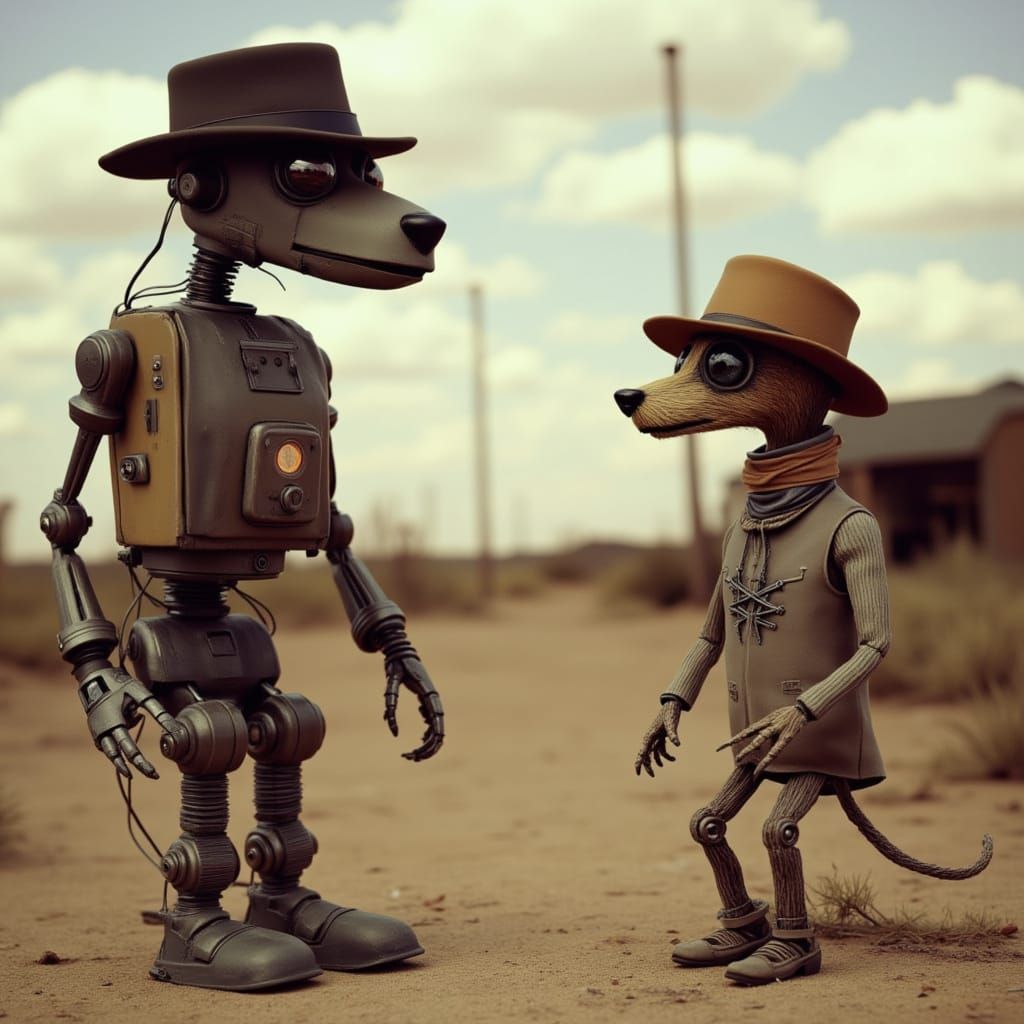 <lora:Fedora Dog:1.0>
Anthropomorphic robot dog wearing an old fedora and a scruffy suit  meeting a strange creature in the post-apocalyptic...